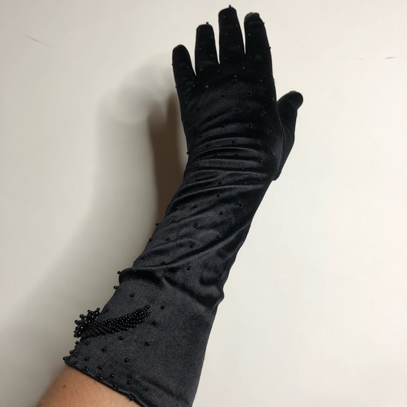Vintage Accessories - Vintage Black Long Gloves Beaded Opera 80s 90s
